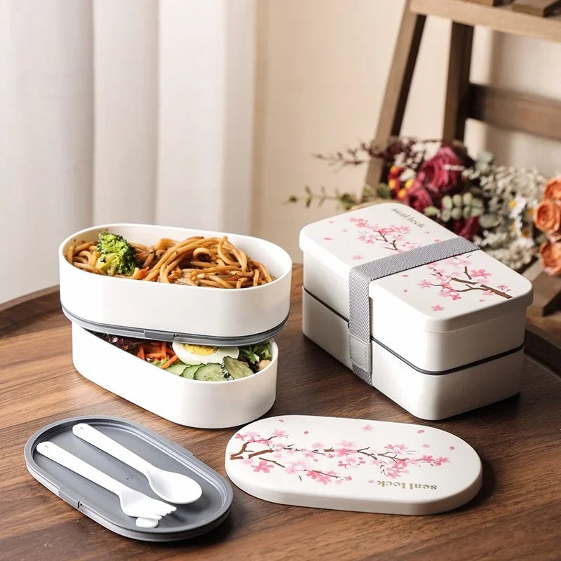 Japanese Cherry Blossom Lunch Box with Tableware Microwave Bento Boxes Soup Cup Portable Student Double-layer Lunch Food Box