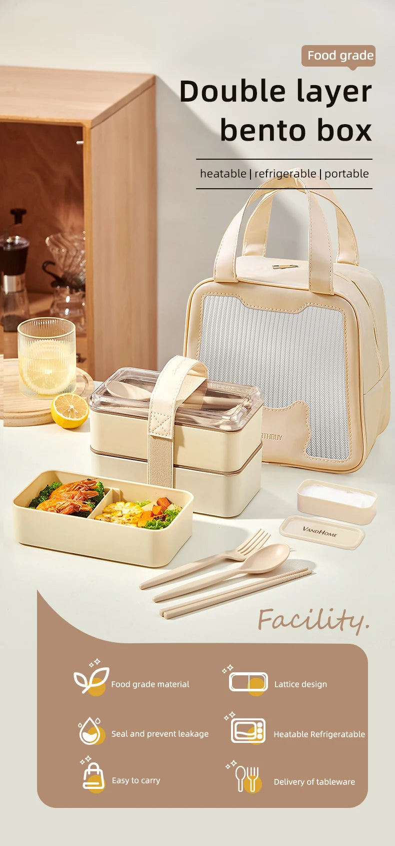 WORTHBUY Microwave Bento Box With Tableware Portable Double-layer Lunch Box Leak Proof Divided Food Containers For Student Adult