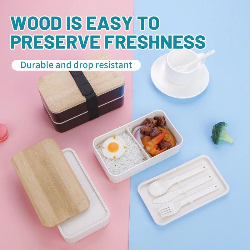 New Japanese Style Bento Box, Minimalist Double-layer Lunch Box with Knife, Fork, Spoon, Divided Student Lunch Box