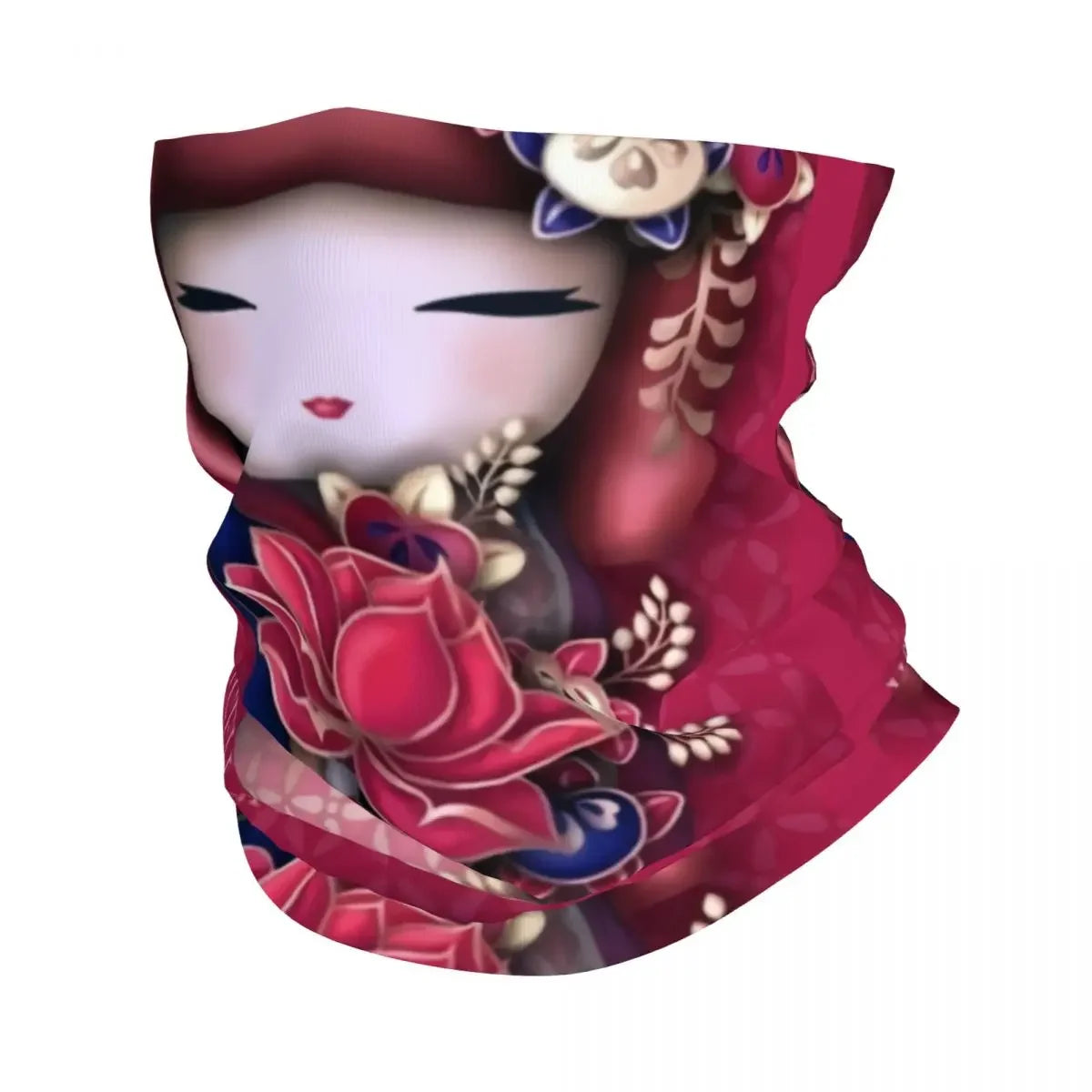Custom Japanese Girl Sakura Kokeshi Doll Bandana Neck Gaiter for Hiking Camping Men Women Wrap Scarf Balaclava Warmer