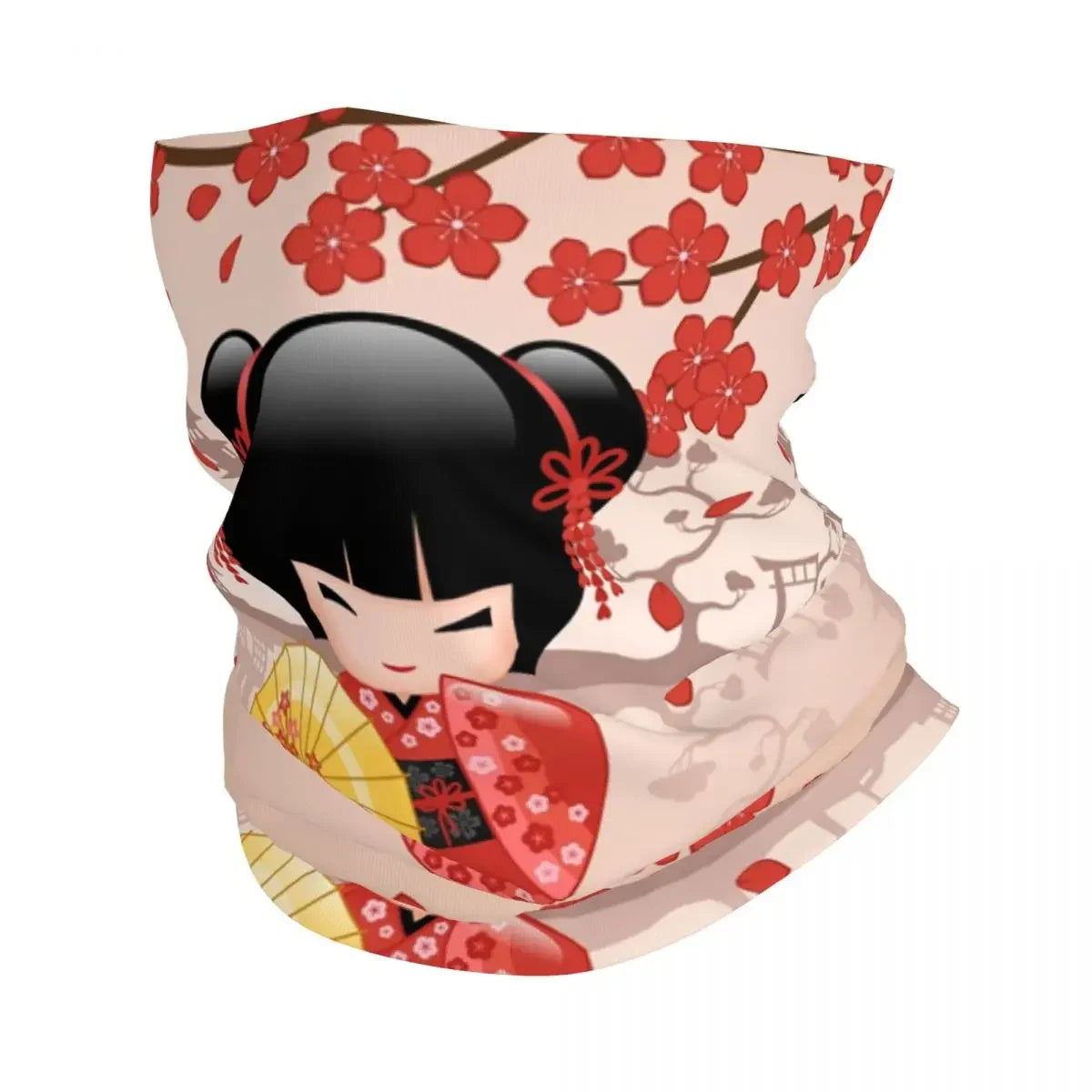 Custom Japanese Girl Sakura Kokeshi Doll Bandana Neck Gaiter for Hiking Camping Men Women Wrap Scarf Balaclava Warmer