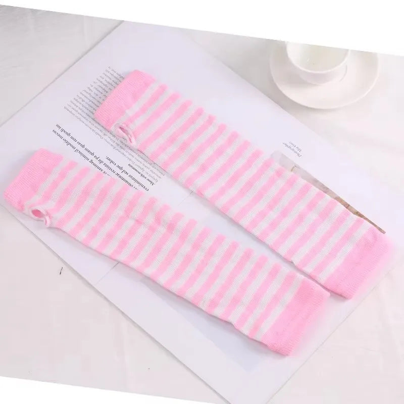 Punk Long Sleeves Fingerless Gloves Cuff for Women Men Stripe Hip-Hop Knitted Elbow Mittens Elastic Winter Arm Warmer Outdoor