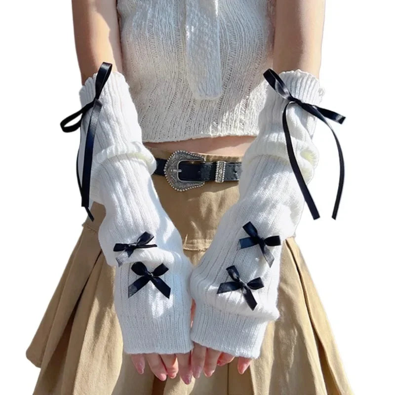Female Y2K Fashion Arm Warmers Bowknot Soft Knitted Gloves Women Girl Half Finger Mittens Solid Color Thicken Arm Sleeves
