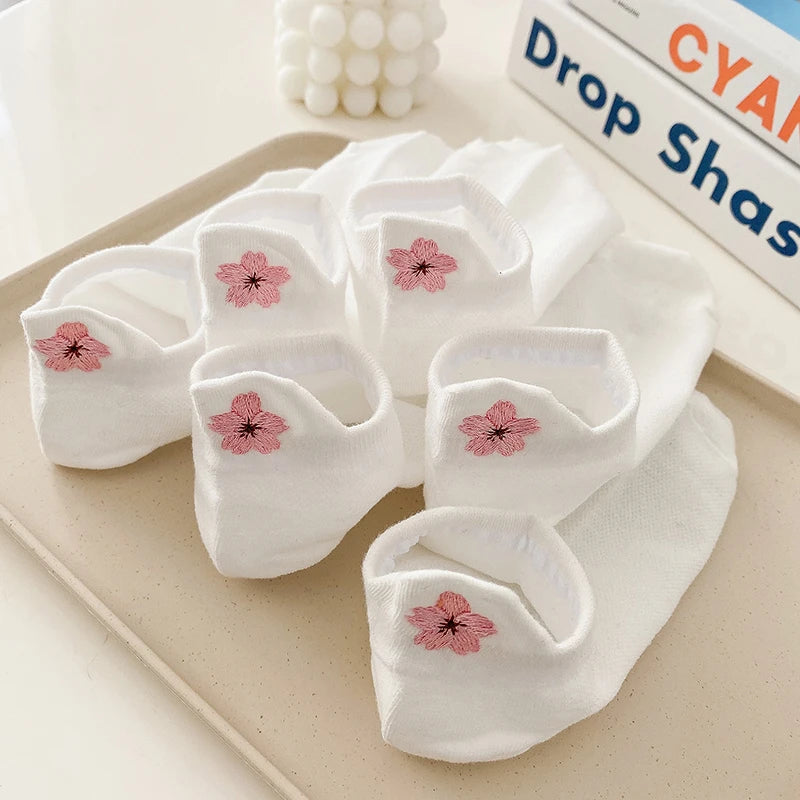 5 Pairs Women Short Socks Harajuku Cute Embroidery Cherry Blossom Sakura Casual Funny Kawaii Solid White Cotton Ankle Socks Sox