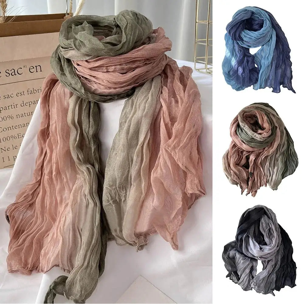 Scarf Cotton Hemp Gradient Blue Autumn Winter Retro Versatile Printed Women's Long Fold Shawl Soft New Fashionable Trend