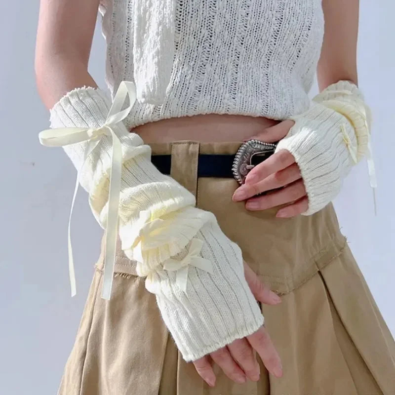 Female Y2K Fashion Arm Warmers Bowknot Soft Knitted Gloves Women Girl Half Finger Mittens Solid Color Thicken Arm Sleeves