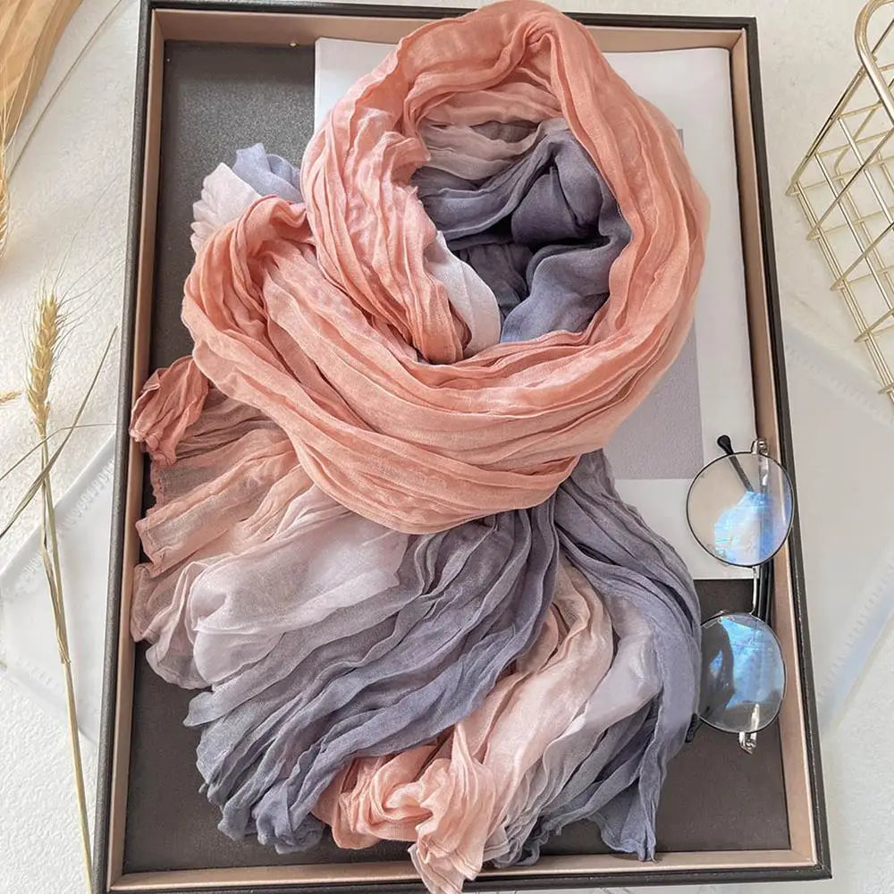 Scarf Cotton Hemp Gradient Blue Autumn Winter Retro Versatile Printed Women's Long Fold Shawl Soft New Fashionable Trend