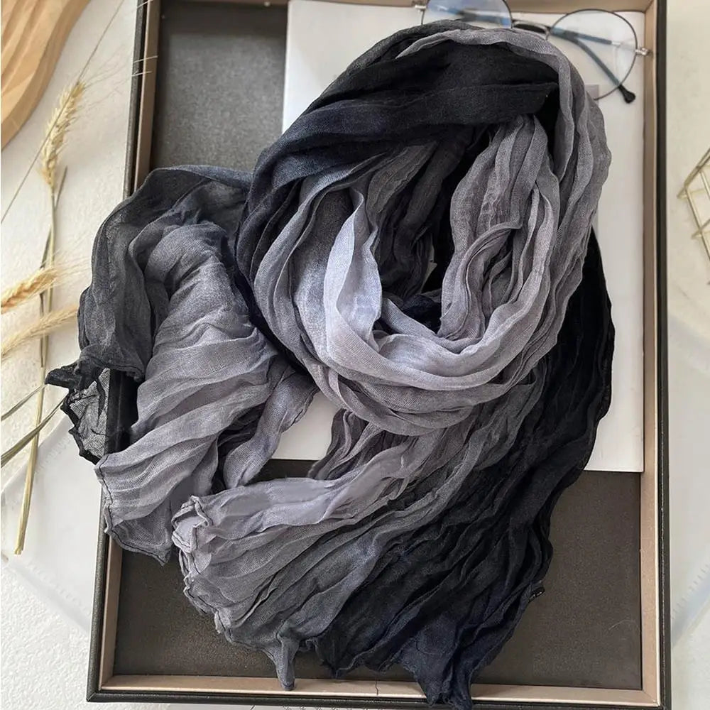 Scarf Cotton Hemp Gradient Blue Autumn Winter Retro Versatile Printed Women's Long Fold Shawl Soft New Fashionable Trend