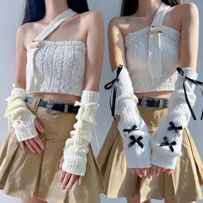 Female Y2K Fashion Arm Warmers Bowknot Soft Knitted Gloves Women Girl Half Finger Mittens Solid Color Thicken Arm Sleeves