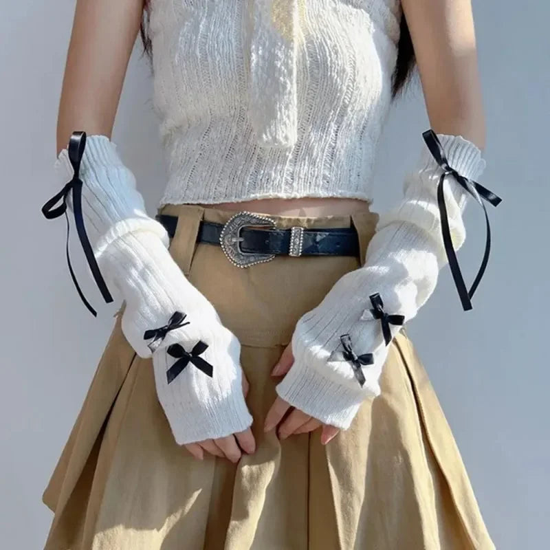 Female Y2K Fashion Arm Warmers Bowknot Soft Knitted Gloves Women Girl Half Finger Mittens Solid Color Thicken Arm Sleeves
