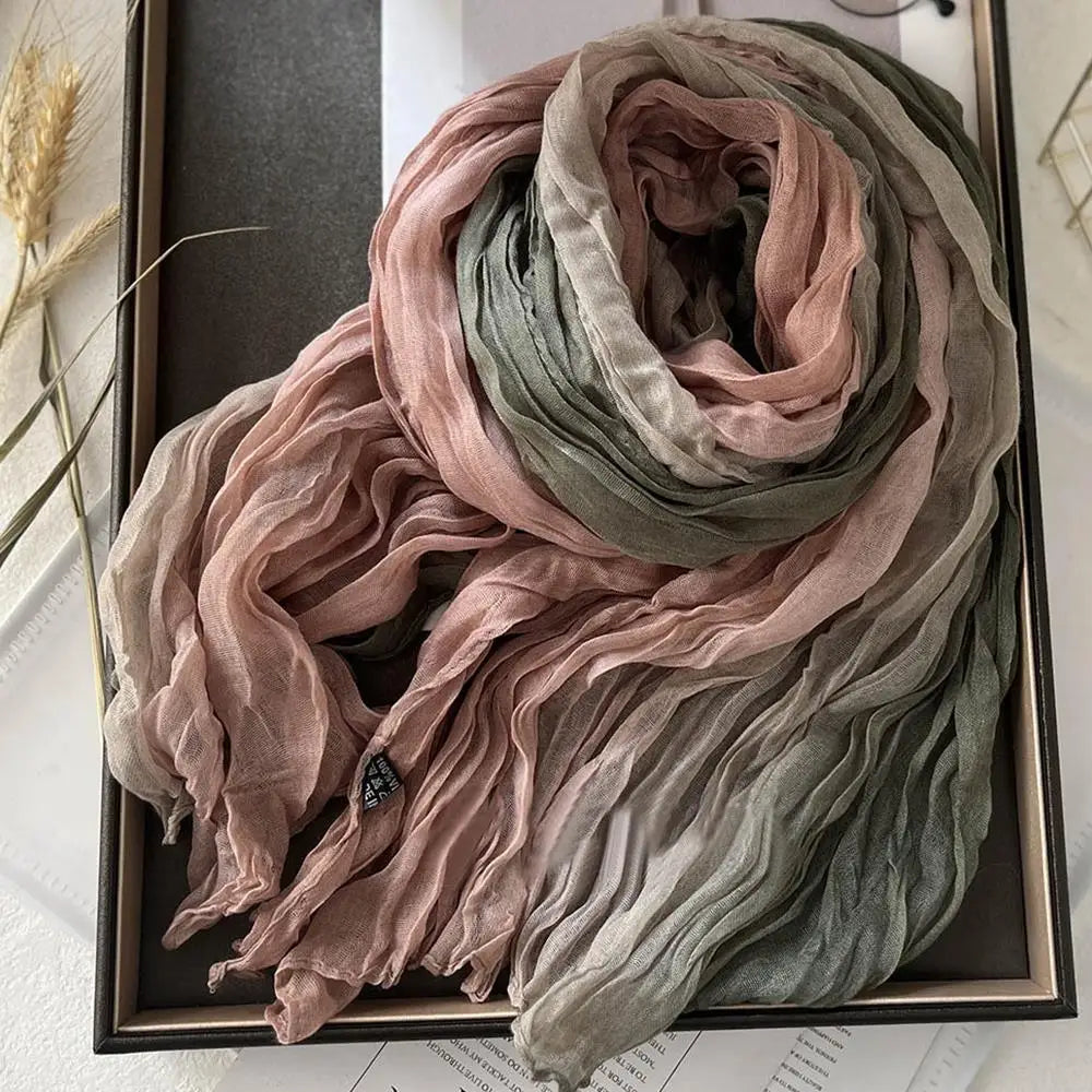 Scarf Cotton Hemp Gradient Blue Autumn Winter Retro Versatile Printed Women's Long Fold Shawl Soft New Fashionable Trend